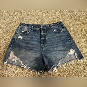 American Eagle Women's High Rise Distressed MOM Blue Denim Jean Shorts